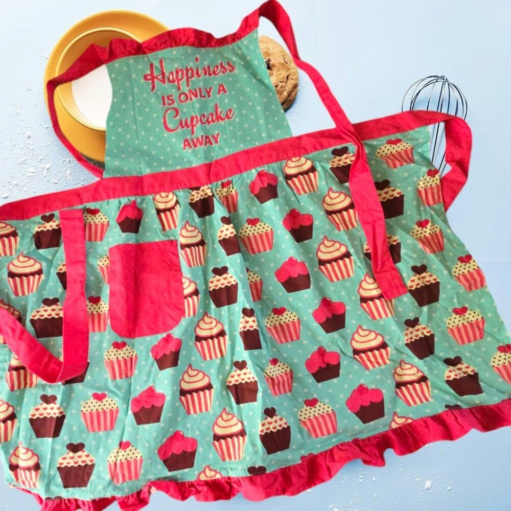 Pantry Full Apron Happiness Is Only A Cupcake Away Pink And Turquoise Cotton EUC